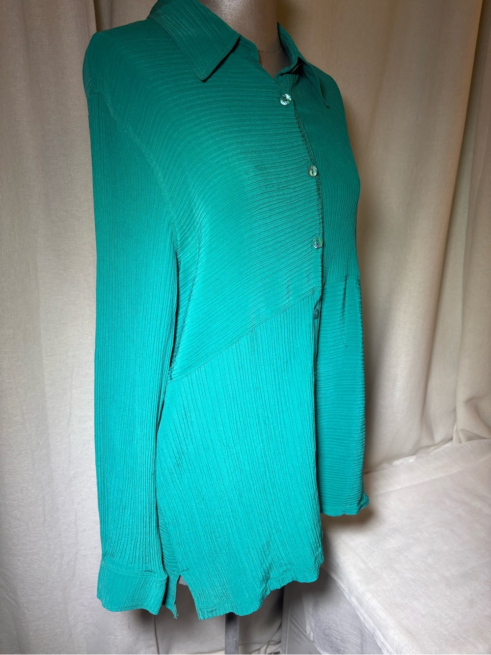 Vintage Diane Gilman Collection Teal 100% Silk Pleated Collared Blouse Size LG - Picture 5 of 11